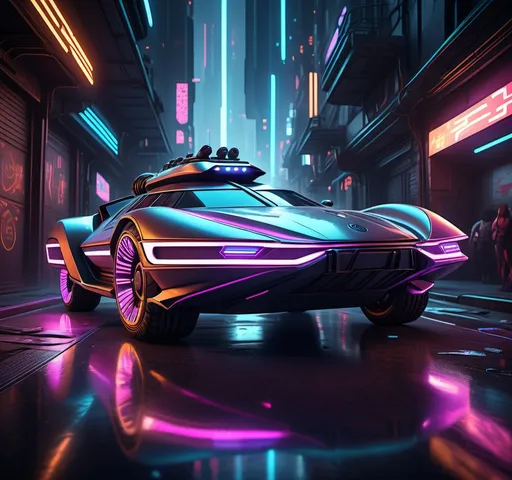 Prompt: (full body photorealistic image of a hover car, frontal perspective), inspired by (Star Wars), featuring (spaceship designs), set in a (cyberpunk environment), showcasing (neon lights, metallic surfaces), amidst a (dystopian cityscape), for a (vibrant atmosphere), enhanced by (dramatic shadows) and (high-contrast lighting), ultra-detailed and 4K resolution.