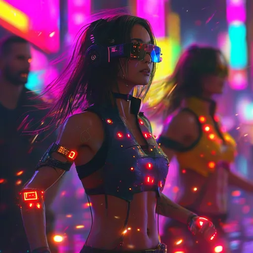 Prompt: photorealistic, (cyberpunk girl) dancing joyfully, glowing LED lights on hands, (dynamic dance pose), powerful muscular guys in background, (vibrant neon colors), urban environment with futuristic elements, dimly lit atmosphere, contrast of bright LEDs against dark tones, motion blur to enhance movement, 4K, ultra-detailed, capturing energy and excitement of the scene.