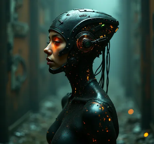 Prompt: (full body photorealistic photo) cyberpunk semi-ghost woman, (dark shot) biomechanical details, (hyper-detailed) metal textures, glowing bioluminescent elements, striking black and Litlle orange and green colors, dramatic lighting highlighting intricate features, capturing a mysterious ambiance, long shot composition, elements of surrealism and fantasy, intricately crafted details, hints of movement and ghostly aura in the environment, captivating and enigmatic mood.