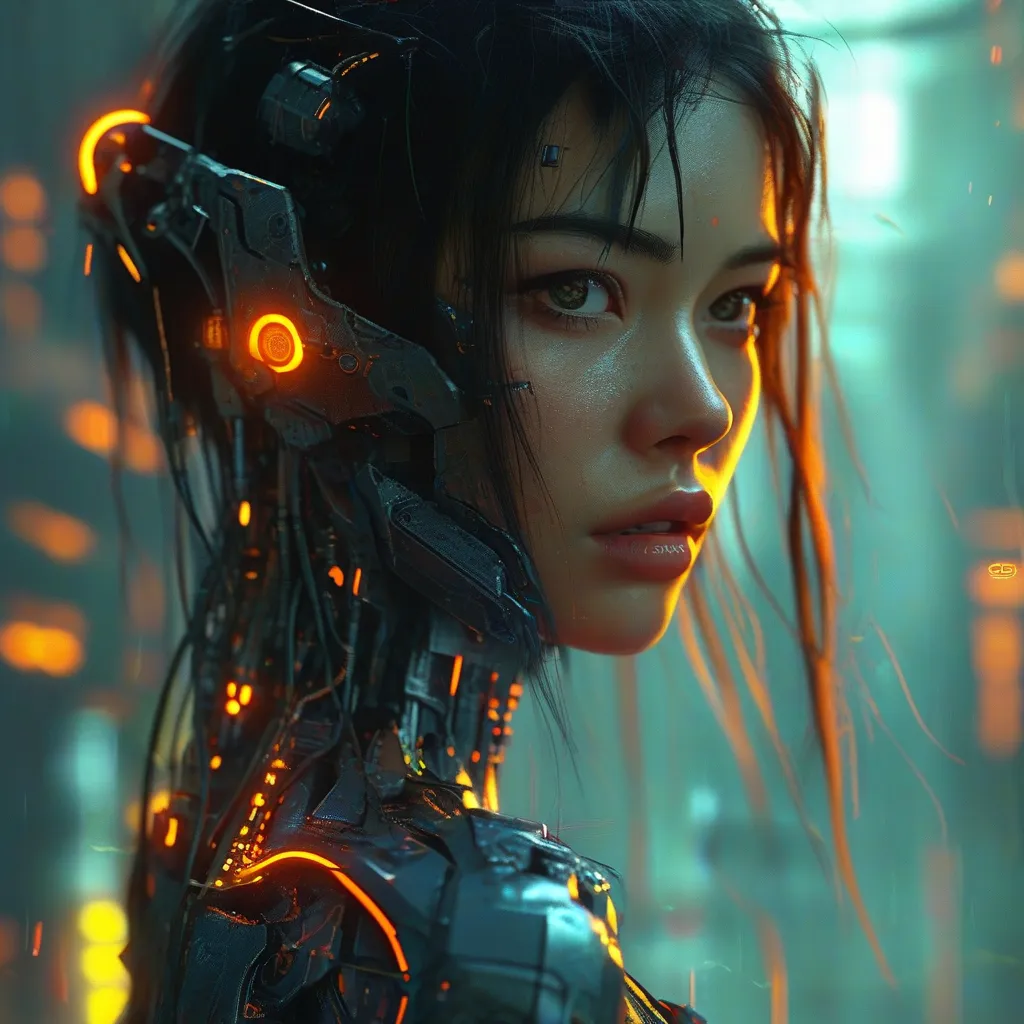 Prompt: (photorealistic long shot ) cyberpunk semi-ghost woman, (dark shot) biomechanical details on arms and legs , (hyper-detailed) metal textures, glowing bioluminescent elements, striking black and Litlle orange and green colors, dramatic lighting highlighting intricate features, capturing a mysterious ambiance, long shot composition, elements of surrealism and fantasy, intricately crafted details, hints of movement and ghostly aura in the environment, captivating and enigmatic mood.