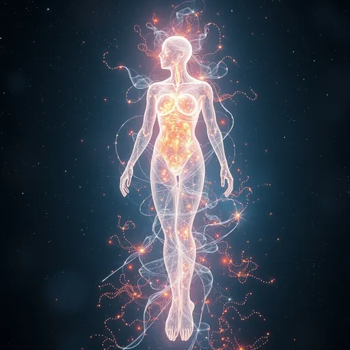 Prompt: Full body of (ethereal being) with (glowing lights), resembling a (plasma viscous body), surrounded by shimmering particles, vibrant luminescence creating a mystical aura, against a backdrop of deep space, celestial stars, and abstract swirls of energy, (highly detailed, ethereal ambiance) conveying a sense of wonder and tranquility, 4K quality.