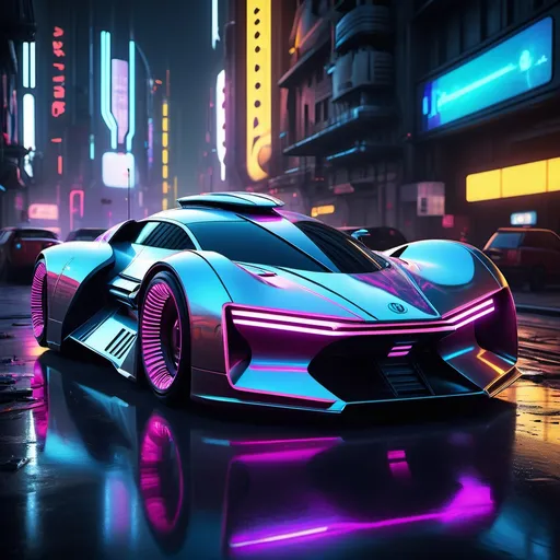 Prompt: (full body photorealistic image of a futuristic car, frontal perspective), inspired by (Star Wars), featuring (spaceship designs), set in a (cyberpunk environment), showcasing (neon lights, metallic surfaces), amidst a (dystopian cityscape), for a (vibrant atmosphere), enhanced by (dramatic shadows) and (high-contrast lighting), ultra-detailed and 4K resolution.