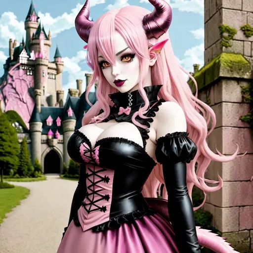 Prompt: Anime  style of a dragonmaid, gothic, pink hair, pink lipstick, horns, castle background