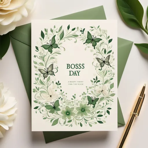 Prompt: A professional, yet warm and inviting illustration of a Boss's Day card for a female boss. The card is a soft, creamy white color with subtle texture to resemble high-quality paper. The cover of the card features a delicate, hand-drawn design of intertwining flowers and leaves in shades of green, with a few small, tasteful butterflies flitting about. The flowers are a combination of professional navy blue and calming light blue hues, symbolizing trust, loyalty, and wisdom. In the center of the design, "Happy Boss's Day" is written in elegant, cursive script, with the words "to an amazing boss" written in smaller text beneath in a simple, yet clean font.

When the card is opened, the inside is a soft, pale yellow color, evoking feelings of happiness and gratitude. A message is written in the same elegant script as the front of the card, reading: "Thank you for all that you do to guide us, support our work, and for being a kind and understanding leader. Your dedication and compassion make you not only a great boss, but an incredible person to have on our team." The message is centered on the page, surrounded by plenty of white space to create a clean and uncluttered look.

At the bottom of the message, a small illustration of a bouquet of flowers and a few floating butterflies adds a touch of whimsy and delight. The flowers in the bouquet are the same shades of blue as on the front of the card, and the butterflies match the subtle green hues of the leaves in the cover design.

The overall style of the card is reminiscent of classic, sophisticated greeting cards, but with a modern touch. The illustrations are detailed and realistic, yet retain a hand-drawn feel. The color palette is professional, yet evokes feelings of warmth and appreciation. The design is simple and uncluttered, allowing the message to take center stage. The card exudes feelings of genuine gratitude and admiration for a boss who leads with kindness and compassion.