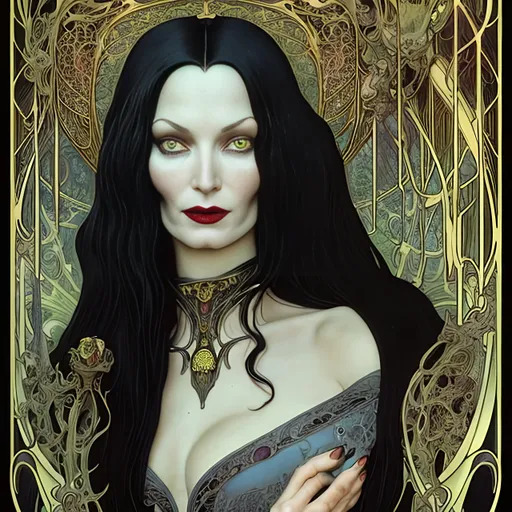 Prompt: Striking sensual gorgeous sci - fi art nouveau portrait of morticia addams as the dark goddess lilith by michael kaluta, robert crumb and alphonse mucha, photorealism, extremely hyperdetailed, perfect symmetrical facial features, perfect anatomy, ornate declotage, weapons, circuitry, high technical detail, determined expression, piercing gaze