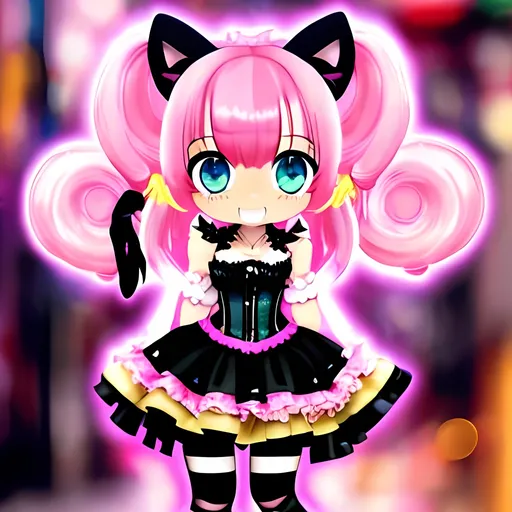 Prompt: Chibi woman with pink curly pigtails, mischievous expression, black corset, pink skirt, black and white striped tights, holding rubber chicken toy, she wears cat ears and has a cat tail, anime style, vibrant colors, playful lighting, mischievous expression, anime, vibrant colors, two arms, normal arms, two legs, normal legs, two feet, normal feet,