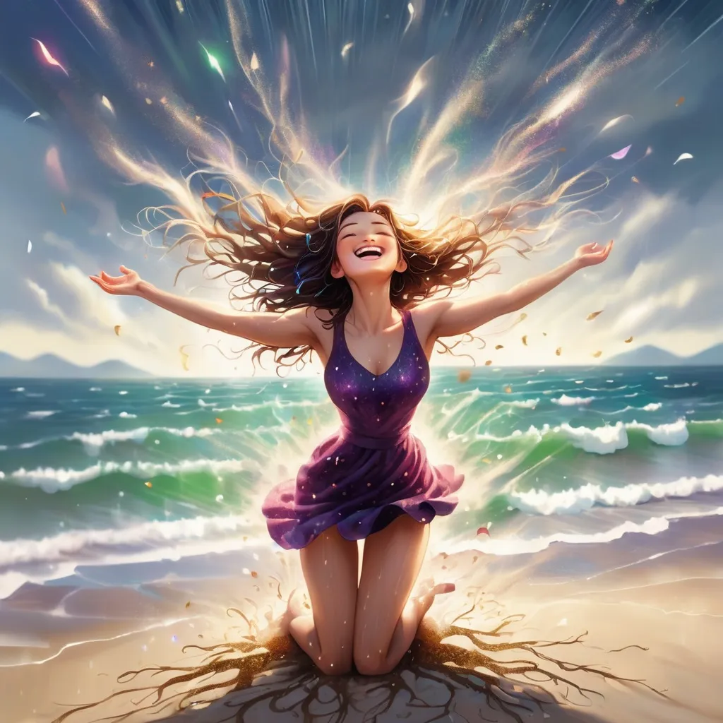 Prompt: a woman standing on the beach, legs apart, arms outstretched upwards to the sky. head tilted back. Hair flying in the wind. Face is smiling. eyes are closed. Glitter flows out from her heart. up and out and falls like rain. roots grow down from her feet, deep into the earth.