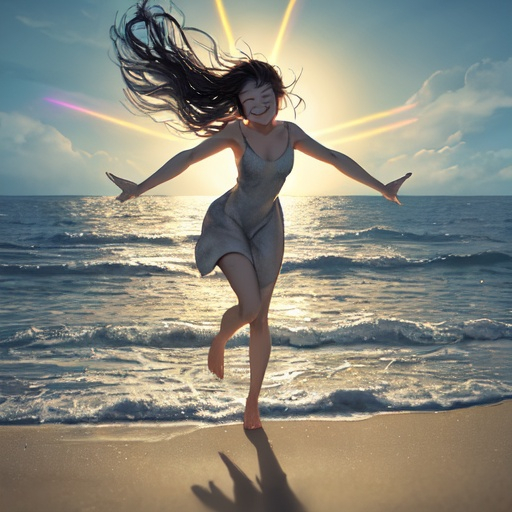 Prompt: a woman standing on the beach, legs apart, arms outstretched upwards to the sky. head tilted back. Hair flying in the wind. Face is smiling. eyes are closed. Glitter flows out from her heart. up and out and falls like rain. roots grow down from her feet, deep into the earth.