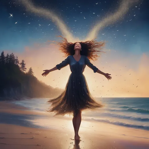 Prompt: a woman standing on the beach, legs apart, arms outstretched upwards to the sky. head tilted back. Hair flying in the wind. Face is smiling. eyes are closed. Glitter flows out from her heart. up and out and falls like rain. roots grow down from her feet, deep into the earth.