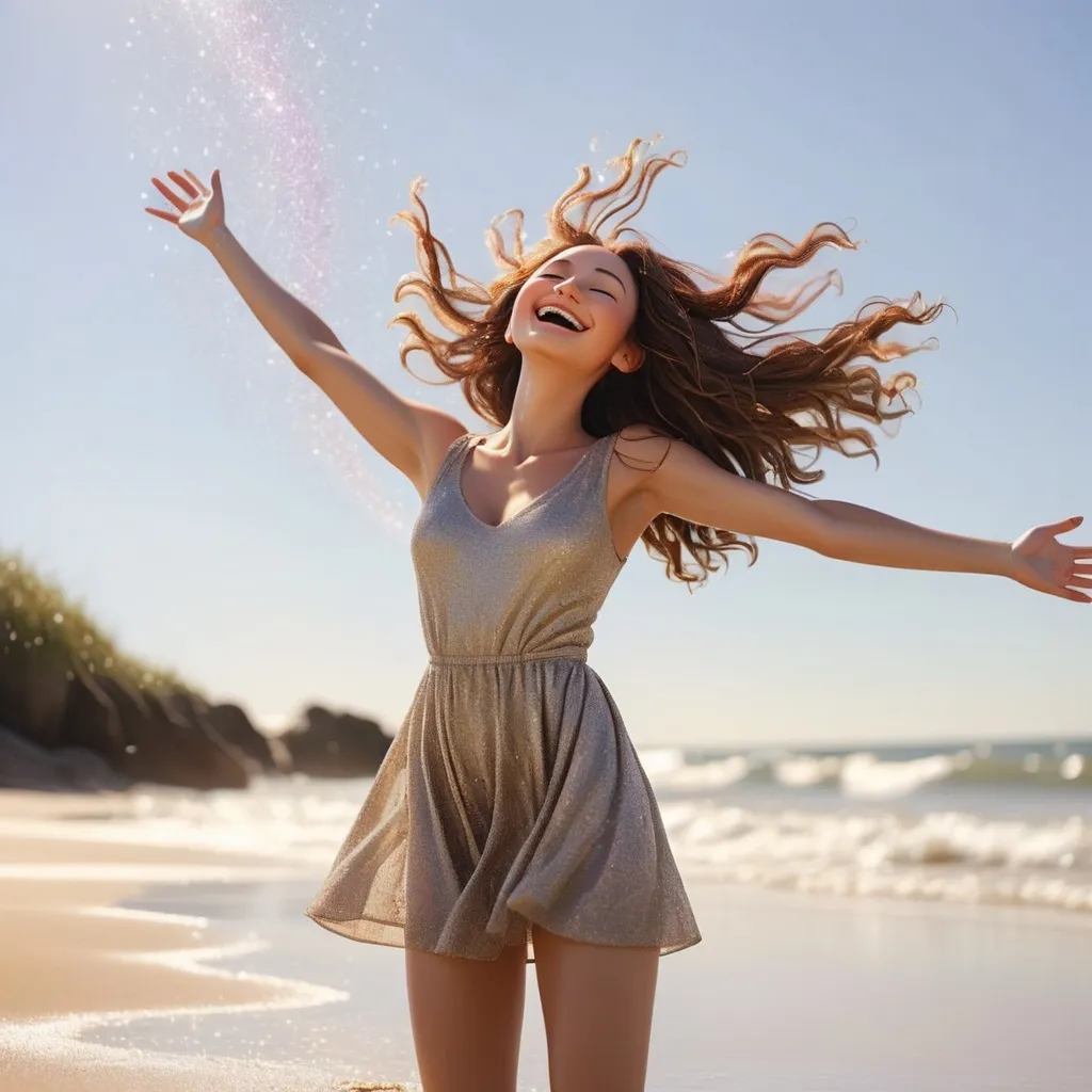 Prompt: a woman standing on the beach, legs apart, arms outstretched upwards to the sky. head tilted back. Hair flying in the wind. Face is smiling. eyes are closed. Glitter flows out from her heart. up and out and falls like rain. roots grow down from her feet, deep into the earth. sunny day.