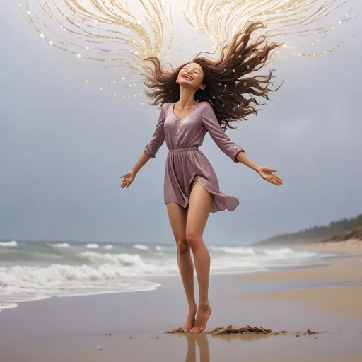 Prompt: a woman standing on the beach, legs apart, arms outstretched upwards to the sky. head tilted back. Hair flying in the wind. Face is smiling. eyes are closed. Glitter flows out from her heart. up and out and falls like rain. roots grow down from her feet, deep into the earth.