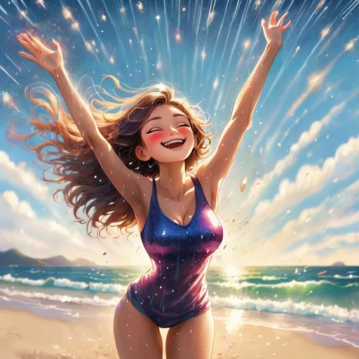 Prompt: a woman standing on the beach, legs apart, arms outstretched upwards to the sky. head tilted back. Hair flying in the wind. Face is smiling. eyes are closed. Glitter flows out from her heart. up and out and falls like rain.