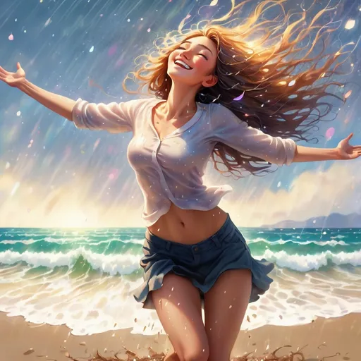 Prompt: a woman standing on the beach, legs apart, arms outstretched upwards to the sky. head tilted back. Hair flying in the wind. Face is smiling. eyes are closed. Glitter flows out from her heart. up and out and falls like rain. roots grow down from her feet, deep into the earth.
