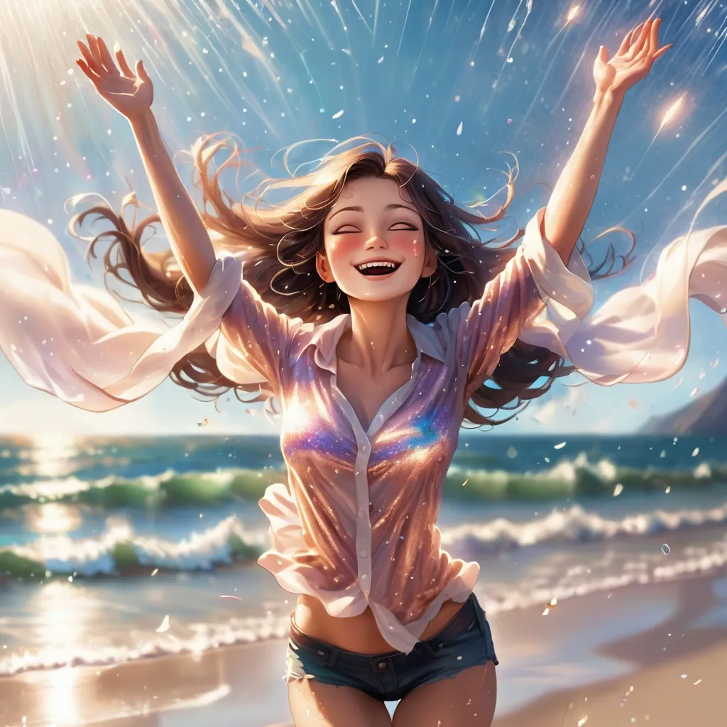 Prompt: a woman standing on the beach, legs apart, arms outstretched upwards to the sky. head tilted back. Hair flying in the wind. Face is smiling. eyes are closed. Glitter flows out from her heart. up and out and falls like rain.