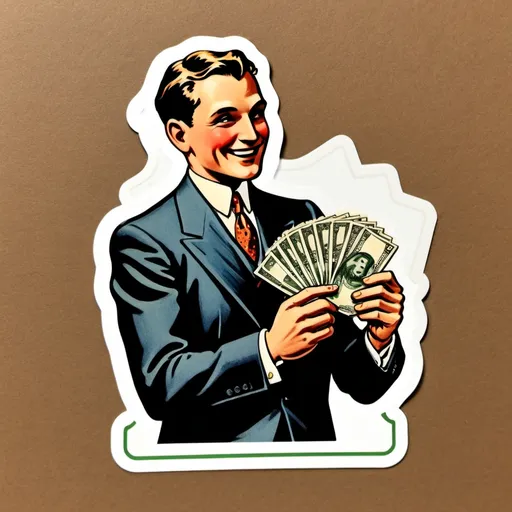 Prompt: die-cut sticker, 1930s business man happy with money