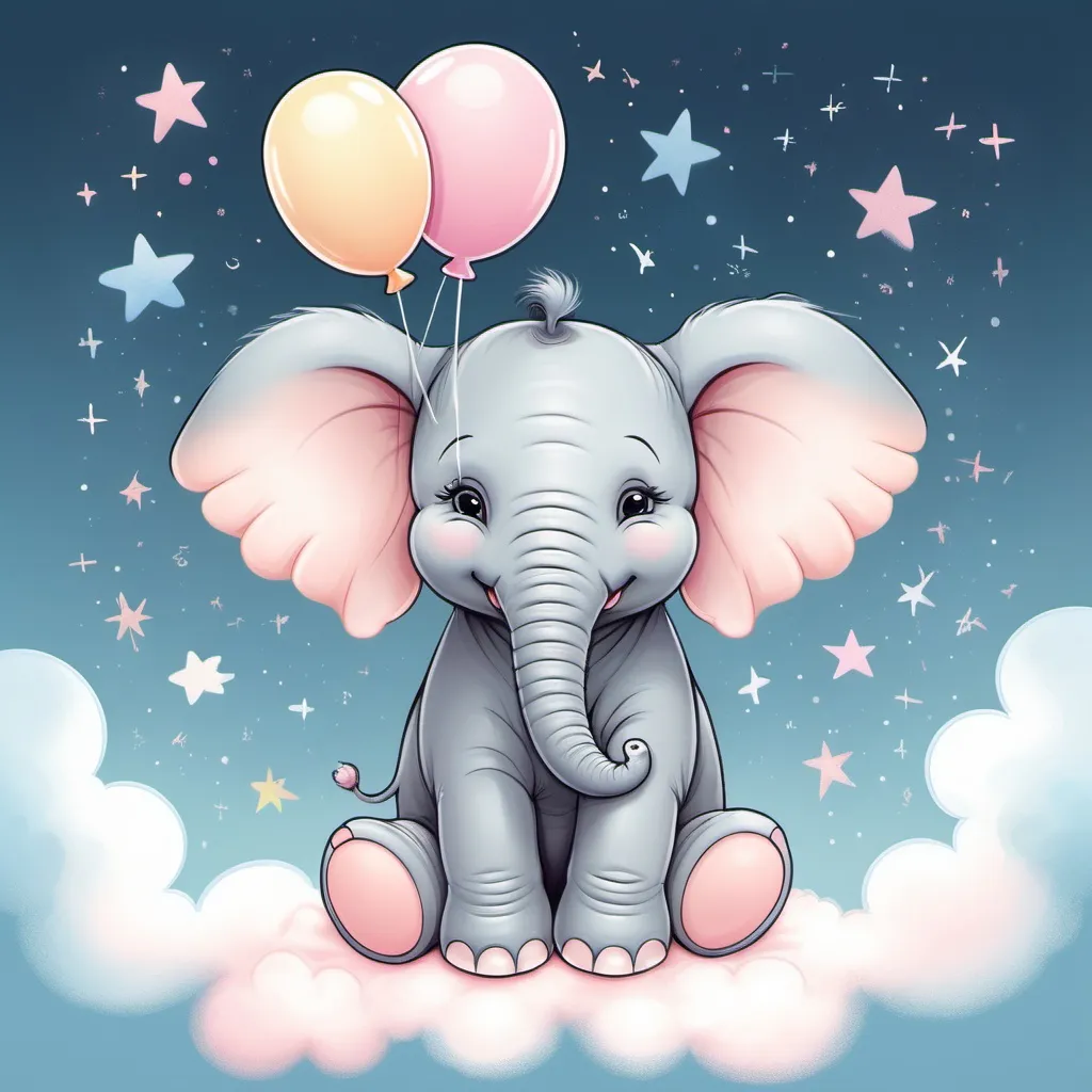 Prompt: A cute, pastel-colored illustration of a baby elephant sitting on a fluffy cloud. The elephant has a sweet, smiling expression and is playfully holding a small, colorful balloon with its trunk. The background features a gentle gradient of soft blues and pinks, with a few twinkling stars scattered around, creating a dreamy, whimsical atmosphere