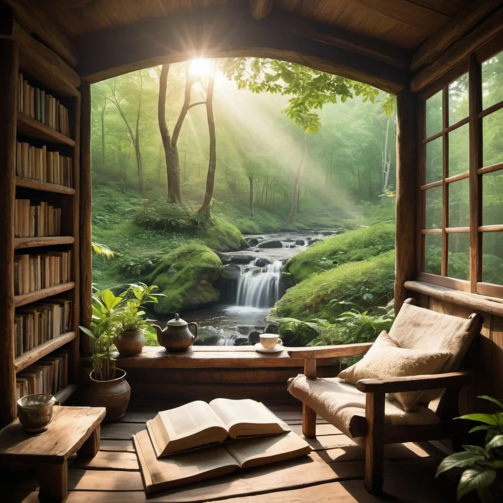 Prompt: Imagine a serene setting in nature, perhaps a lush green forest with sunlight. In the foreground, there's a cozy reading nook with a stack of books on a rustic wooden table. A cup of steaming tea rests beside the books, adding a touch of warmth to the scene. Sitting in the reading nook is a person engrossed in a book, surrounded by the beauty of nature.

In the background, there's a subtle nod to culture, with elements like traditional artworks or artifacts tastefully displayed. These cultural elements could represent diverse traditions or interests, adding depth to the picture.

