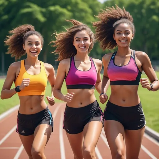 Prompt: trois jeunes femmes brune en tenue de sport un short et une brassiere
