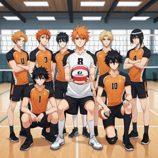 Prompt: Anime boys volleyball team photo in the gym the one in the front center has orange hair and is holding a volleyball and the rest with black hair and one of them with black and blonde hair 