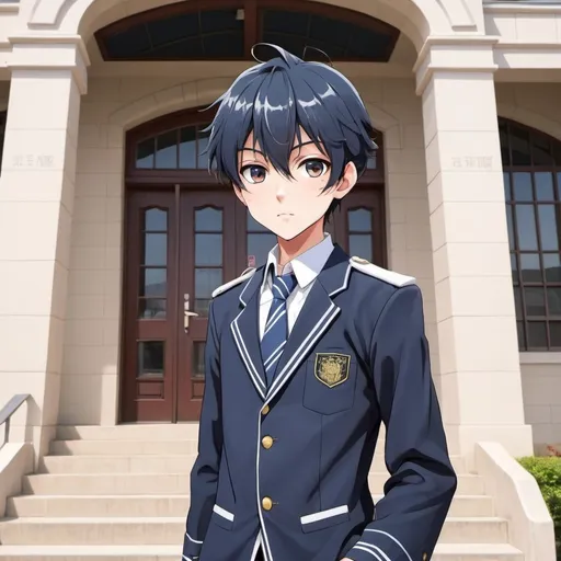 Prompt: Anime boy look at the front of his huge new high school with uniform 