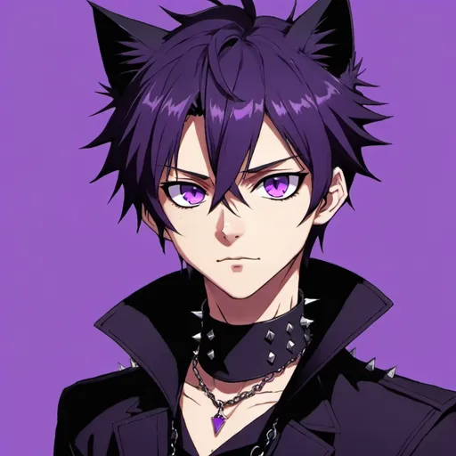 Prompt: Cat boy , black purplish  hair and eyes ,
Anime ,cut, black spiked collar, purple background , showing black purplish tail