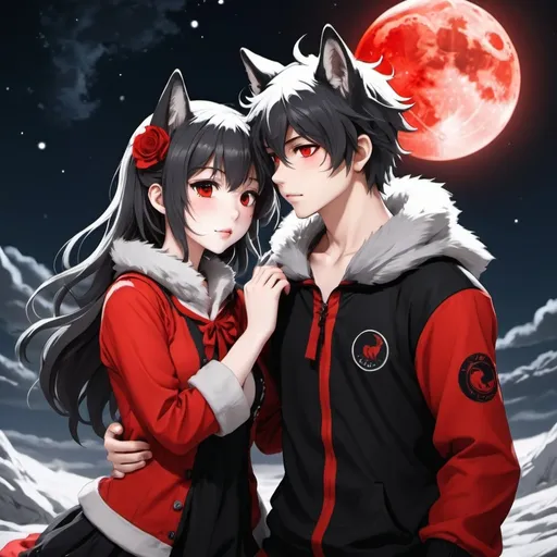 Prompt: Anime 18+  wolf  boy and girl red and black theme reveling clothes in the moon light 