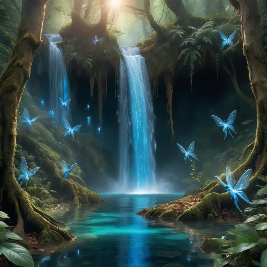 Prompt: Waterfall in the middle of a mythical forest with blue water with fairies all around it