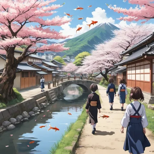 Prompt: Japanese village in background anime school girls and boys walking past a river with koi and some Cherry blossom trees