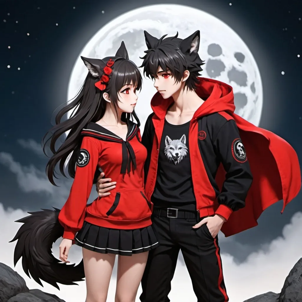 Prompt: Anime 18+  wolf  boy and girl red and black theme reveling clothes in the moon light 