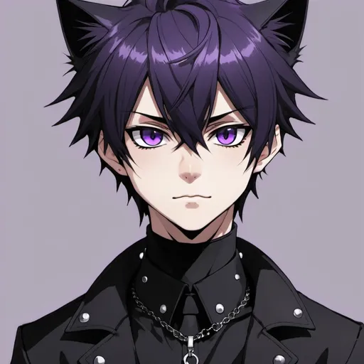 Prompt: Cat boy , black purplish  hair and eyes ,
Anime ,cut, black spiked collar, 