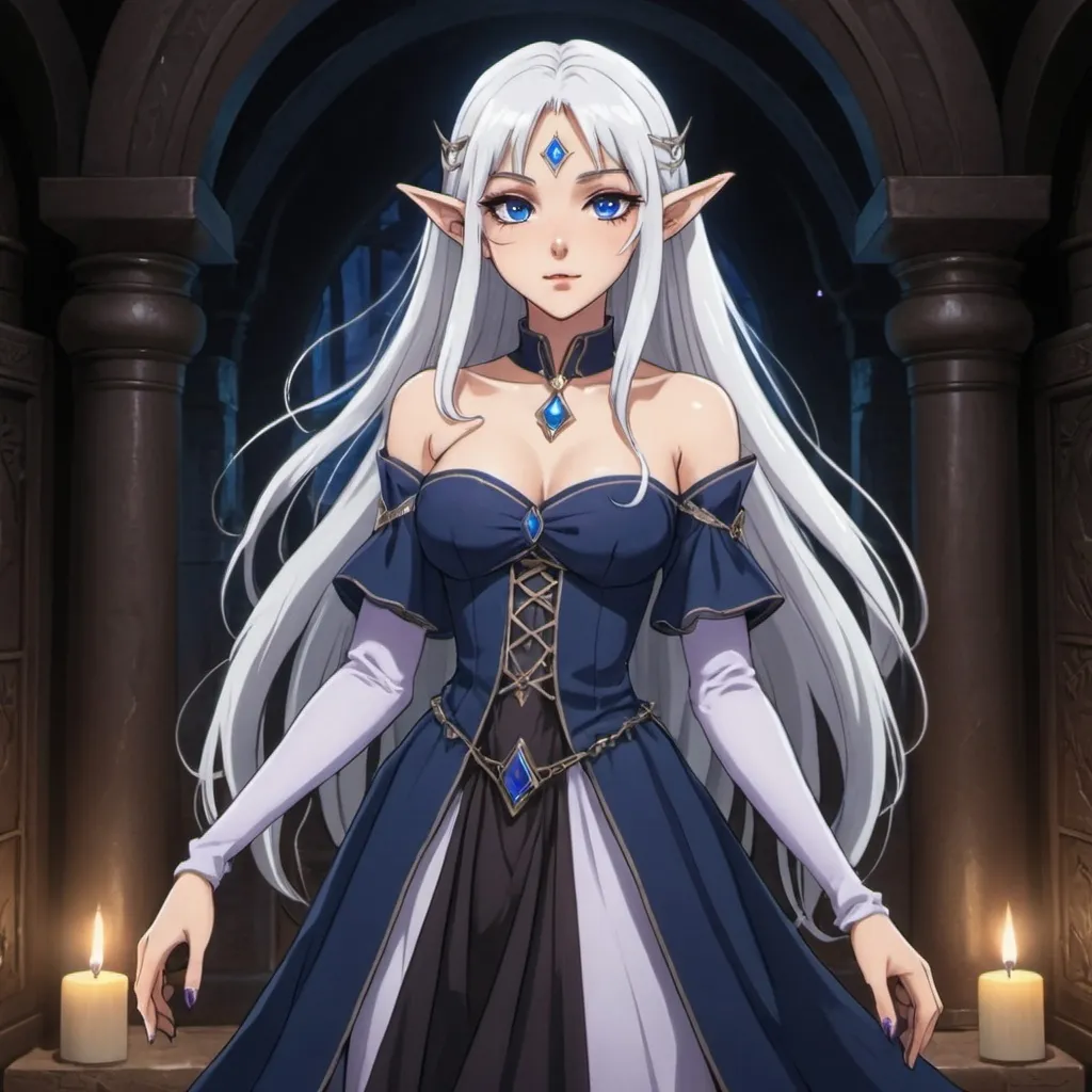 Prompt: 2000s anime screencap, a school girl, anime scene elemental princess with light skin and a beautiful symmetrical face. She has long smooth straight white hair that parts and she has two long strands of hair coming down the sides of her face and white eyebrows. She has a small nose. She wears a beautiful dark blue goddess dress. She wears dark blue princess slippers on her feet. She has big bright dark blue eyes and blue pupils. She is standing looking at you. Full body art. Five fingersDark-skinned elf with long black hair, purple eyes, elegant pose, long white nails, witch of fire, ancient magic book, long black dress, high heels, highres, detailed, fantasy, witch, elegant, mystical, dark tones, ancient magic, detailed eyes, professional, atmospheric lighting