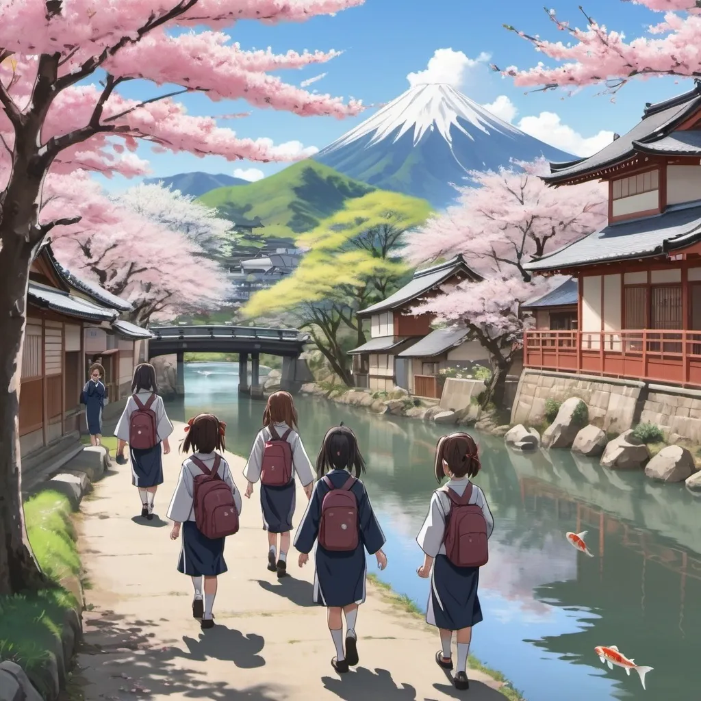 Prompt: Japanese village in background anime school girls and boys walking past a river with koi and some Cherry blossom trees