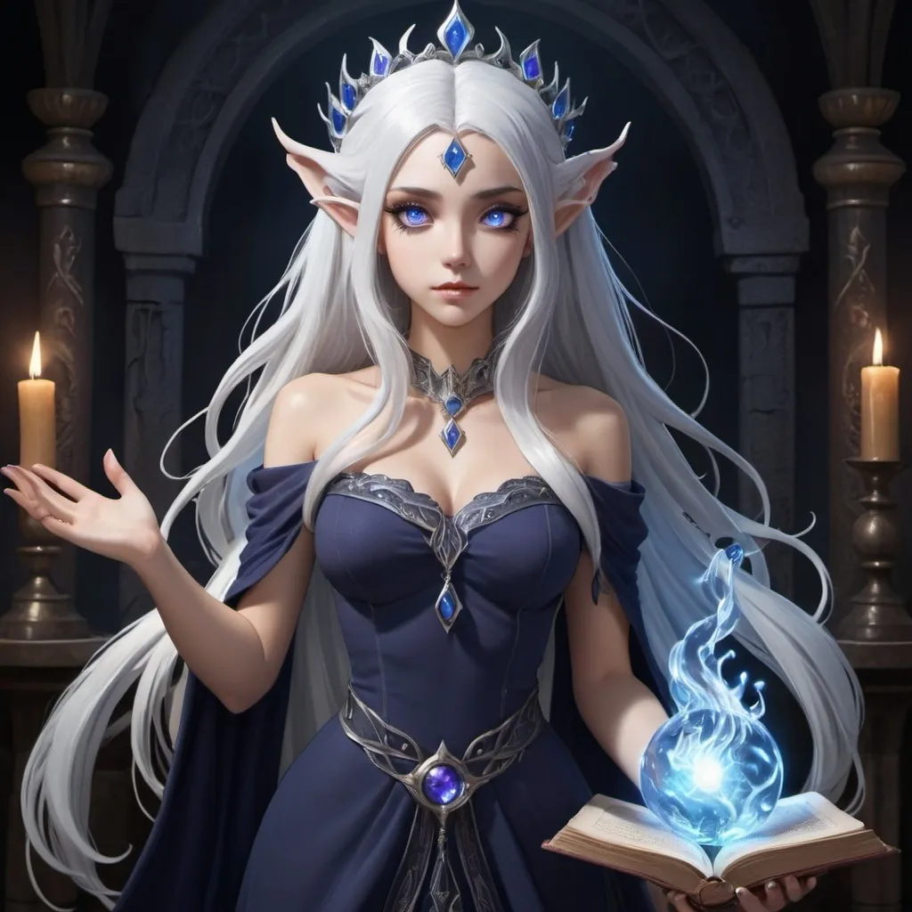 Prompt: A beautiful young adult ((British)) anime Water elemental princess with light skin and a beautiful symmetrical face. She has long smooth straight white hair that parts and she has two long strands of hair coming down the sides of her face and white eyebrows. She has a small nose. She wears a beautiful dark blue goddess dress. She wears dark blue princess slippers on her feet. She has big bright dark blue eyes and blue pupils. She is standing looking at you. Full body art. Five fingersDark-skinned elf with long black hair, purple eyes, elegant pose, long white nails, witch of fire, ancient magic book, long black dress, high heels, highres, detailed, fantasy, witch, elegant, mystical, dark tones, ancient magic, detailed eyes, professional, atmospheric lighting