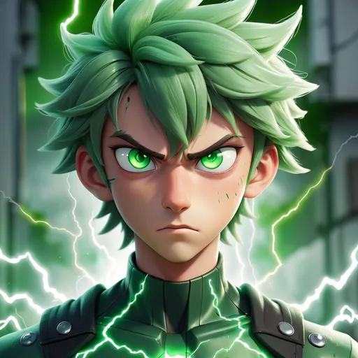 Prompt: A anime boy with green hair and green eyes with grayish background with green lightning Comeing out around him