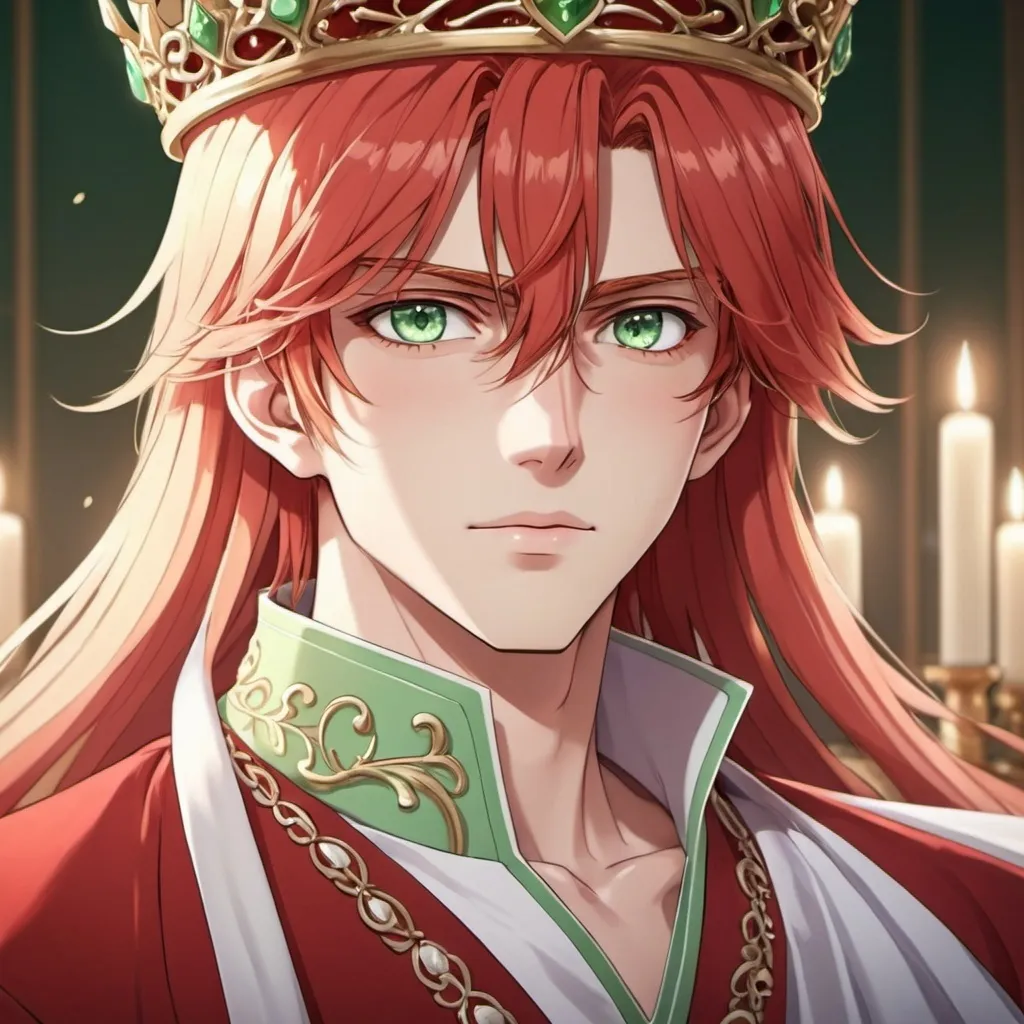 Prompt: Anime an anime man, beautiful gentle features, long red and white hair, and light green eyes, dressed like a prince, wearing a crown, intricate line art, dreamy atmosphere, straight hair, detailed eyes, 4k, high-quality, anime, dreamy lighting
