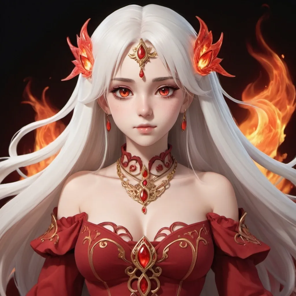 Prompt: A beautiful young adult ((British)) anime fire elemental princess with light skin and a beautiful symmetrical face. She has long smooth straight white hair that parts and she has two long strands of hair coming down the sides of her face and white eyebrows. She has a small nose. She wears a beautiful red goddess dress. She wears red princess slippers on her feet. She has big bright dark red eyes and red pupils. She is standing looking at you.  Full body art. Five fingers