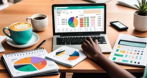 Prompt: 
A person sitting at a cozy desk with a laptop open to a budgeting app (similar to Mint or YNAB), showing colorful pie charts and expense categories. Next to the laptop, a classic notebook with handwritten income and expense tracking is visible. On the desk, there are several empty coffee cups and receipts scattered around, humorously emphasizing overspending. The person looks surprised while reviewing their spending habits, with a thought bubble showing '$300 on coffee?!' The background features a tidy workspace with motivational quotes like 'Track it to hack it' and 'Budgeting is self-care.'"