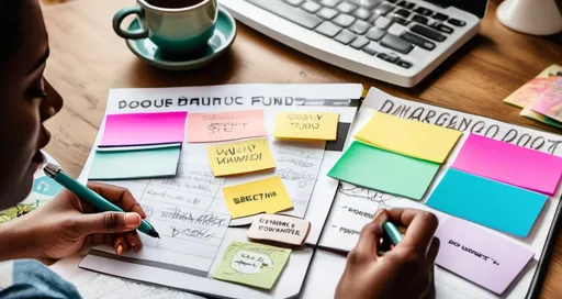 Prompt: A person sitting at a desk with a vision board filled with sticky notes and pictures representing financial goals—images of a tropical vacation, a debt-free milestone, and a piggy bank labeled 'Emergency Fund.' The individual is holding a pen, thoughtfully writing 'Set Realistic Goals' in a budget planner, with a focused yet optimistic expression. Around them are financial planning books, a savings jar, and a checklist with goals like 'Pay off credit card,' 'Save $1,000,' and 'No more borrowing from parents.' The scene should have a motivational and goal-oriented atmosphere with warm lighting and an organized setup."
