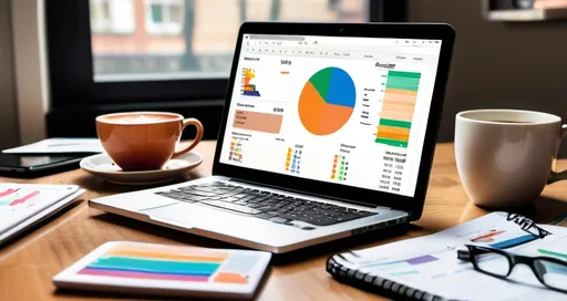 Prompt: 
A person sitting at a cozy desk with a laptop open to a budgeting app (similar to Mint or YNAB), showing colorful pie charts and expense categories. Next to the laptop, a classic notebook with handwritten income and expense tracking is visible. On the desk, there are several empty coffee cups and receipts scattered around, humorously emphasizing overspending. The person looks surprised while reviewing their spending habits, with a thought bubble showing '$300 on coffee?!' The background features a tidy workspace with motivational quotes like 'Track it to hack it' and 'Budgeting is self-care.'"