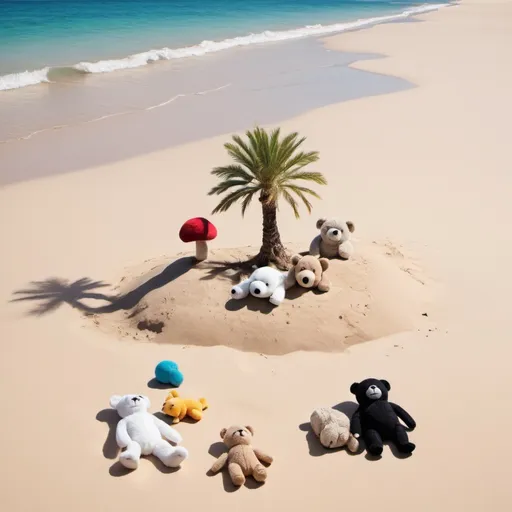 Prompt: desert island with headless stuffed animals roaming aimlessly
