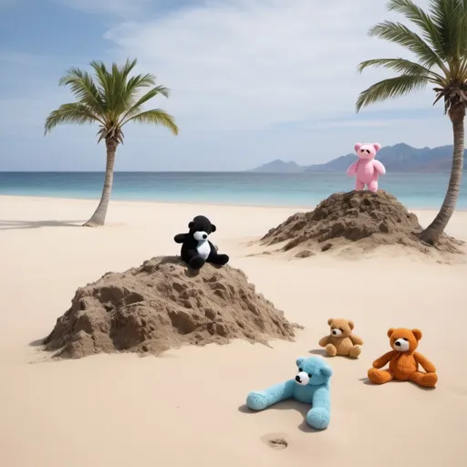 Prompt: desert island with headless stuffed animals roaming aimlessly