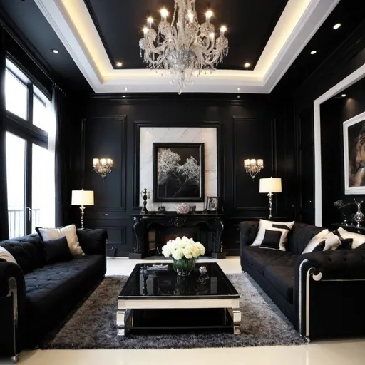 Prompt: black luxurious beautiful living room
