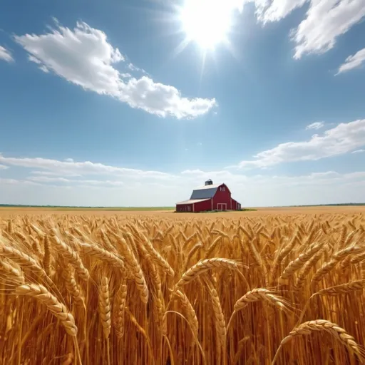 Prompt: Golden Wheat Fields: "Expansive golden wheat fields under a blazing midday sun, with the sky a clear, brilliant blue. A gentle breeze creates waves in the wheat, and in the distance, a red barn stands against the horizon. The air is filled with the scent of ripe grain and the hum of insects."
4k quality