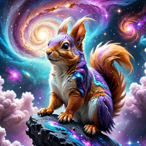 Prompt: Astral squirrels, (cosmic glow), floating in space, vibrant colors, swirling nebulae in the background, magical atmosphere, ethereal light, otherworldly vibe, glittering stars, serene and mystical mood, ultra-detailed fur, blue and purple tones, high-resolution 4K, intricate and vivid details, soft and radiant lighting, fantastical and whimsical, HD quality, stellar clouds, subtle ethereal particles, breathtaking scenery, imaginative theme