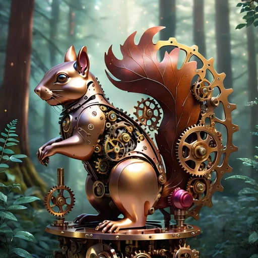 Prompt: (Mechanical Squirrel), intricate design, gears and cogs, metallic texture, hyper-detailed, high contrast, brass and bronze colors, vintage feel, natural pose, vibrant and metallic color scheme, whimsical atmosphere, ethereal lighting, forest background with mechanical elements, ultra-detailed, 4K resolution, cinematic quality, fantasy setting, magical metalwork, fantastical creature