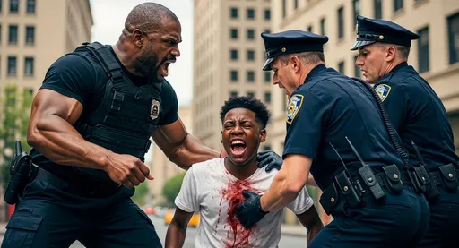 Prompt: A dramatic urban street scene showing a muscular Black police officer in tactical gear angrily confronting two white uniformed police officers who are detaining and mistreating a young injured Black boy. The boy is screaming, his white shirt is covered in blood, and he is clearly in pain. The muscular officer is clenching his fist and shouting, stepping in to stop the injustice. The background shows tall city buildings in daylight.