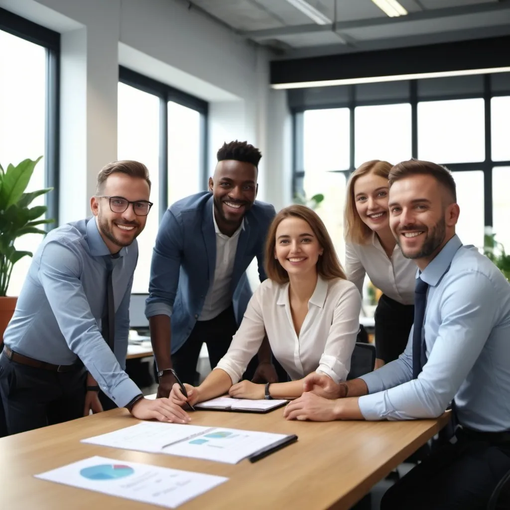 Prompt: a diverse happy team with a maximum of 6 people in a company setting, working or talking with each other, there are no hands visible