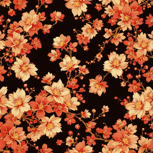Prompt: seamless cloth pattern of silk cherryblossoms in red and gold, kimono cloth, seamless, 1024 x 1024, kimono pattern