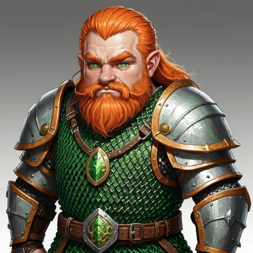 Prompt: Paladin dwarf in green chainmail armor. He has green eyes and orange hair