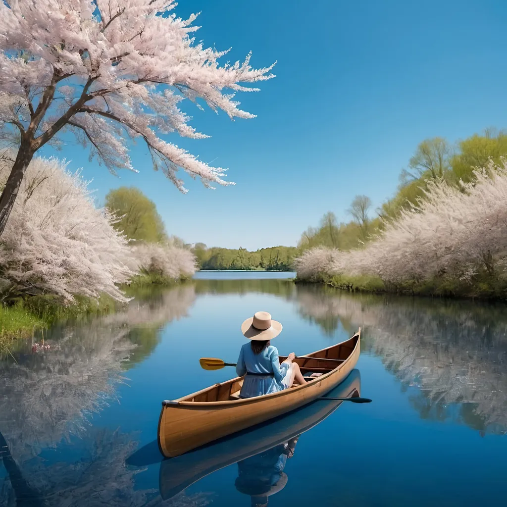 Prompt: Blue lake and blue sky, Side view of a lady sitting in a canoe, Flowered trees in the lake